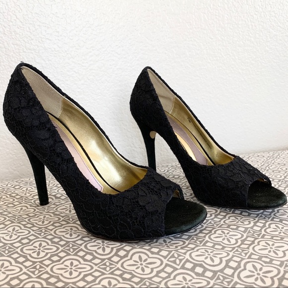 Hale Bob Black Lace Peep Toe Pumps High Heels - Picture 5 of 8